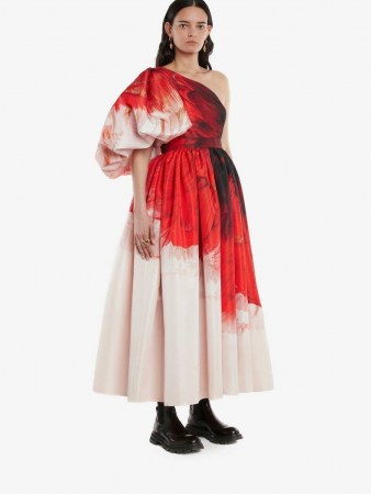 Alexander McQueen Asymmetric Draped sleeve Anemone print dress Red Mix | one shoulder statement dresses | puff sleeve occasion fashion | romantic event clothing with volume