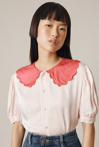 GHOST AVA BLOUSE in Pink ~ satin oversized scalloped collar blouses ~ vintage inspired fashion - flipped