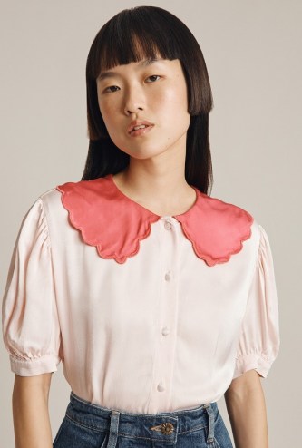 GHOST AVA BLOUSE in Pink ~ satin oversized scalloped collar blouses ~ vintage inspired fashion