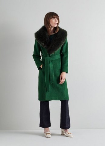 L.K. BENNETT AVA GREEN WOOL-BLEND FAUX FUR COLLAR COAT / womens self tie belt winter coats - flipped