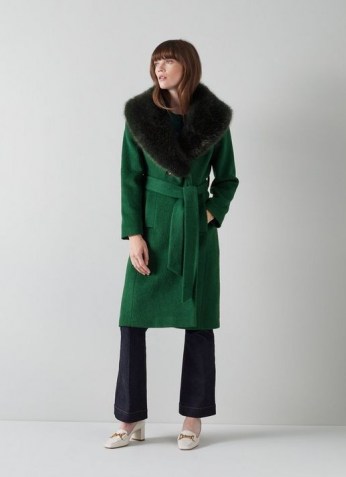 L.K. BENNETT AVA GREEN WOOL-BLEND FAUX FUR COLLAR COAT / womens self tie belt winter coats
