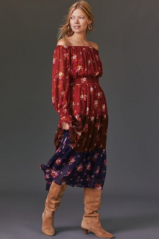 ANTHROPOLOGIE Off-The-Shoulder Maxi Dress Brown Motif / floral colour block bardot dresses / boho fashion / gorgeous bohemian inspired clothing - flipped