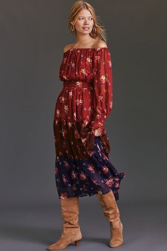 ANTHROPOLOGIE Off-The-Shoulder Maxi Dress Brown Motif / floral colour block bardot dresses / boho fashion / gorgeous bohemian inspired clothing