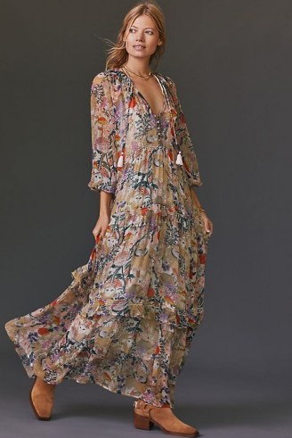 ANTHROPOLOGIE Floral Tiered Maxi Dress Neutral Motif / nature print dresses / bird prints / owl prints - flipped