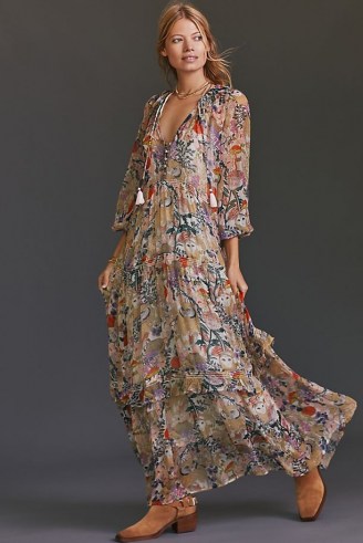 ANTHROPOLOGIE Floral Tiered Maxi Dress Neutral Motif / nature print dresses / bird prints / owl prints