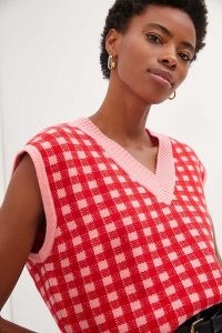 Anthropologie Gingham Sweater Vest in Pink – womens checked knitted vests – women’s V-neck tanks