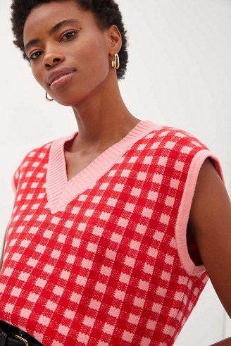 Anthropologie Gingham Sweater Vest in Pink – womens checked knitted vests – women’s V-neck tanks - flipped