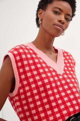 Anthropologie Gingham Sweater Vest in Pink – womens checked knitted vests – women’s V-neck tanks