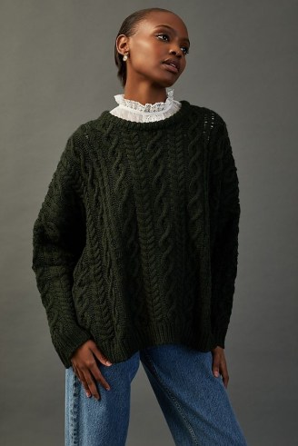 Meadows Mayflower Jumper Dark Green | womens cotton crew neck cable knit jumpers | women’s sweaters - flipped