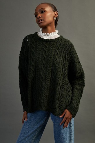 Meadows Mayflower Jumper Dark Green | womens cotton crew neck cable knit jumpers | women’s sweaters