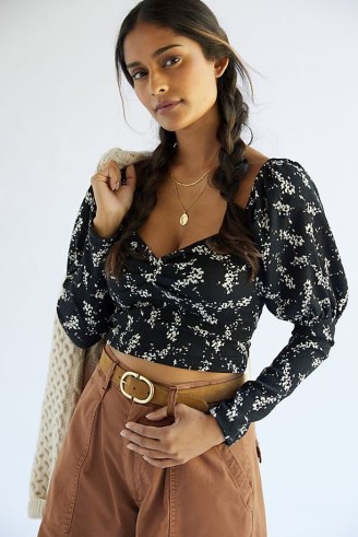 Anthropologie Spotted Sweetheart Top Black Motif | fitted bodice puff sleeve tops