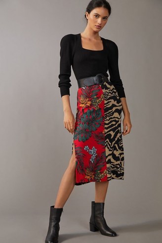 Aldomartins Contrast Knitted Midi Skirt Red Motif | spliced mixed print side split skirts - flipped