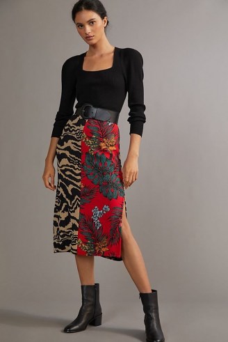 Aldomartins Contrast Knitted Midi Skirt Red Motif | spliced mixed print side split skirts