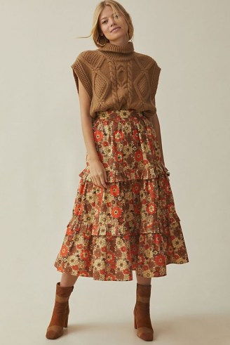 Stella Pardo Tiered Maxi Skirt Orange Motif – frill trimmed floral skirts – ruffled tiers – vintage style prints – retro print fashion - flipped