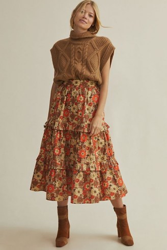 Stella Pardo Tiered Maxi Skirt Orange Motif – frill trimmed floral skirts – ruffled tiers – vintage style prints – retro print fashion