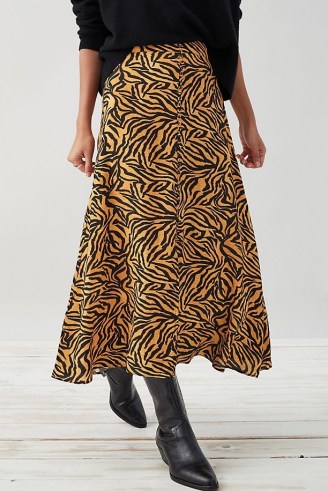 Kachel Tiger-Print Midi Skirt Brown Motif – animal print flared hem skirts - flipped