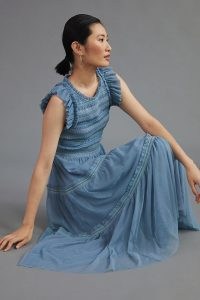 Anthropologie Smocked Contrast Maxi Dress Light Blue – romantic ruffle trim dresses – feminine frill edged occasion fashion