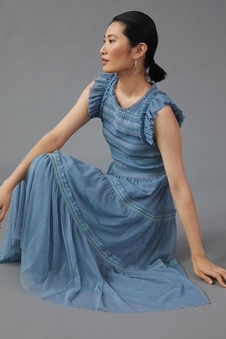 Anthropologie Smocked Contrast Maxi Dress Light Blue – romantic ruffle trim dresses – feminine frill edged occasion fashion - flipped
