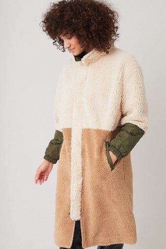 Ruby + Ed Sherpa Liner Coat – textured color block winter coats – womens faux fur outerwear - flipped