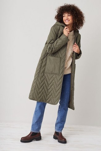 Selected Femme Nora Quilted Coat in Khaki ~ womens green hooded longline winter coats ~ women’s fashionable outerwear - flipped