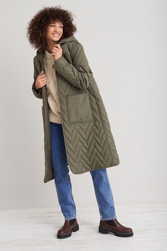 Selected Femme Nora Quilted Coat in Khaki ~ womens green hooded longline winter coats ~ women’s fashionable outerwear