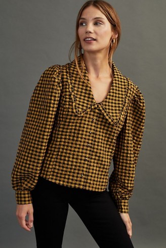 Damson Madder Penny-Collar Blouse Yellow – checked blouses – oversized collars