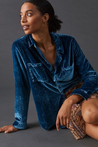 Pilcro Classic Velvet Buttondown Shirt Dark Blue – womens soft feel shirts - flipped