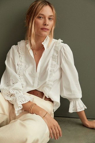 Maeve Ruffled Eyelet Blouse White – romantic frill trimmed blouses