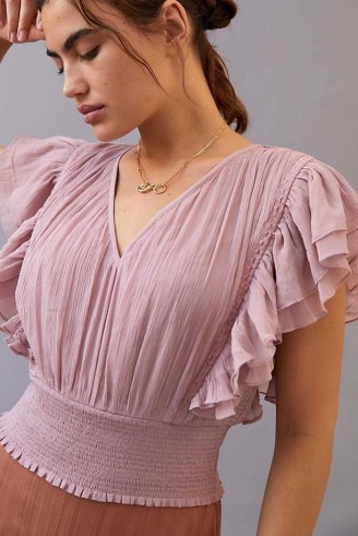 Forever That Girl Smocked Ruffle Blouse Lilac – romantic flutter sleeve tops – frill trim blouses - flipped