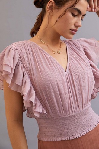 Forever That Girl Smocked Ruffle Blouse Lilac – romantic flutter sleeve tops – frill trim blouses