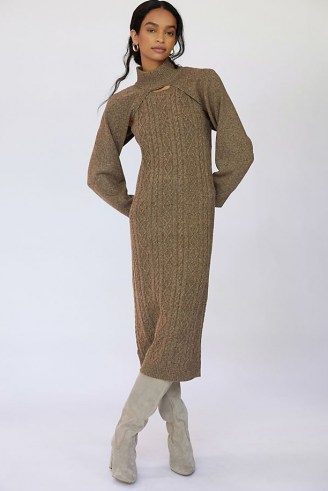 Current Air Cable-Knit Jumper Dress Set in Cedar | neutral brown knitted fashion sets | dresses and cropped jumpers | autumn and winter clothing co ords - flipped