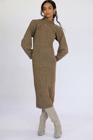 Current Air Cable-Knit Jumper Dress Set in Cedar | neutral brown knitted fashion sets | dresses and cropped jumpers | autumn and winter clothing co ords