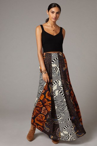 Farm Rio Abstract Contrast Maxi Skirt – long length mixed print skirts - flipped