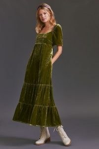 Anthropologie Velvet Empire Waist Midi Dress Green – luxe style short sleeve soft feel dresses