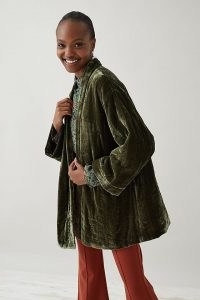 Anthropologie Quilted Velvet Kimono in Moss – womens green luxe style open front jackets