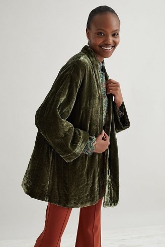 Anthropologie Quilted Velvet Kimono in Moss – womens green luxe style open front jackets - flipped