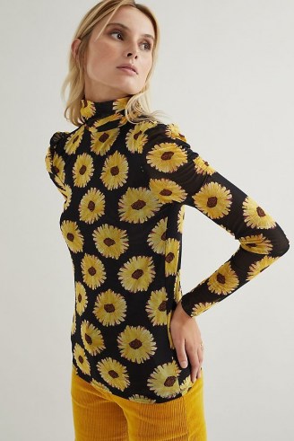 Fabienne Chapot Jane Puffed-Sleeve Top Black Motif / floral long sleeve high neck tops