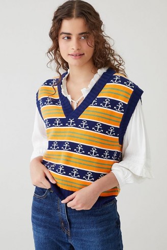 Resume Gordonrs Vest Orange – women’s sweater vests – knitted tanks – womens retro tank tops – sea inspired anchor pattern knitwear - flipped
