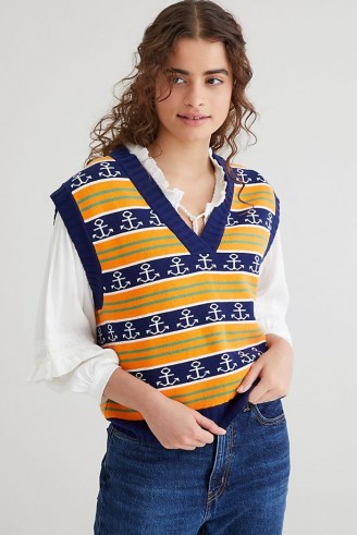 Resume Gordonrs Vest Orange – women’s sweater vests – knitted tanks – womens retro tank tops – sea inspired anchor pattern knitwear