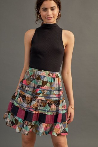 Anthropologie Patchworked Mini Skirt Purple Motif – breezy multi print mini skirts