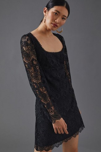 Maeve Embroidered Lace Mini Dress – LBD – semi sheer sleeve little black dresses - flipped