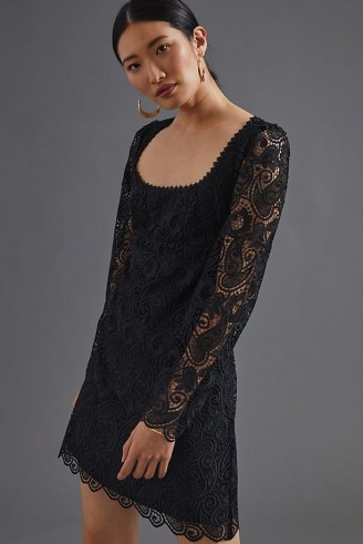 Maeve Embroidered Lace Mini Dress – LBD – semi sheer sleeve little black dresses