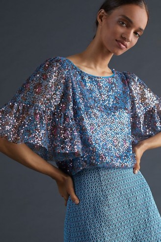 Maeve Sequined Blouse Blue Motif / sequinned flared sleeve blouses / sequin embellished tops
