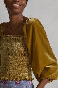 Anthropologie Puff-Sleeved Velvet Blouse in Gold – plush square neck smocked bodice tops
