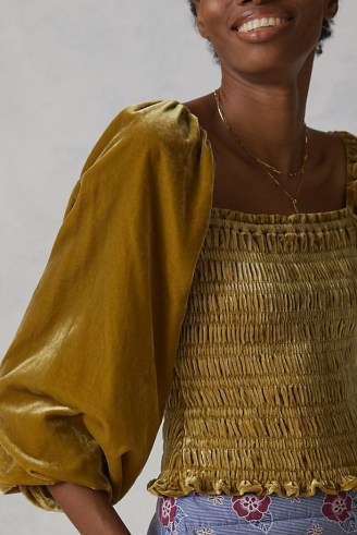 Anthropologie Puff-Sleeved Velvet Blouse in Gold – plush square neck smocked bodice tops - flipped