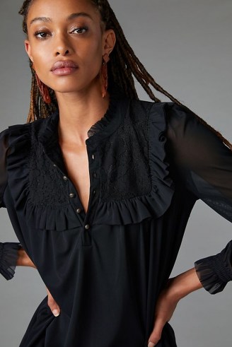 Anthropologie Ruffled Lace Top in Black – frill trimmed tops - flipped