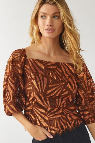 Eva Franco Shine Lace Blouse in Brown ~ semi sheer square neck puff sleeve blouses - flipped