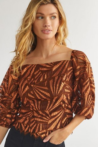 Eva Franco Shine Lace Blouse in Brown ~ semi sheer square neck puff sleeve blouses