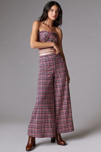 Eva Franco Plaid Jumpsuit in Pink – strapless checked wide leg jumpsuits – fitted bodice - flipped