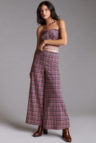 Eva Franco Plaid Jumpsuit in Pink – strapless checked wide leg jumpsuits – fitted bodice